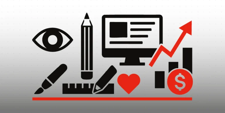 Illustrazione minimalista che rappresenta l’essenza del graphic design: un occhio, strumenti di progettazione e un grafico in crescita simboleggiano visione, creatività e valore per le aziende.