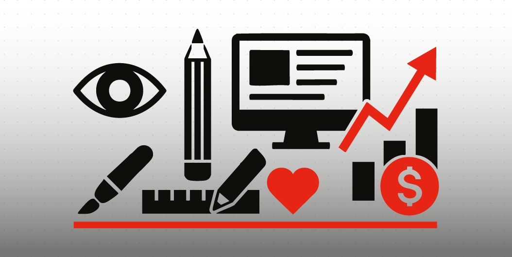 Illustrazione minimalista che rappresenta l’essenza del graphic design: un occhio, strumenti di progettazione e un grafico in crescita simboleggiano visione, creatività e valore per le aziende.