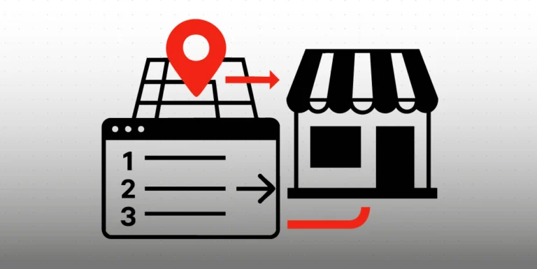 Illustrazione minimalista che mostra il processo di digitalizzazione di un’attività locale: una vetrina collegata a un browser con pin rosso e percorso digitale passo dopo passo.