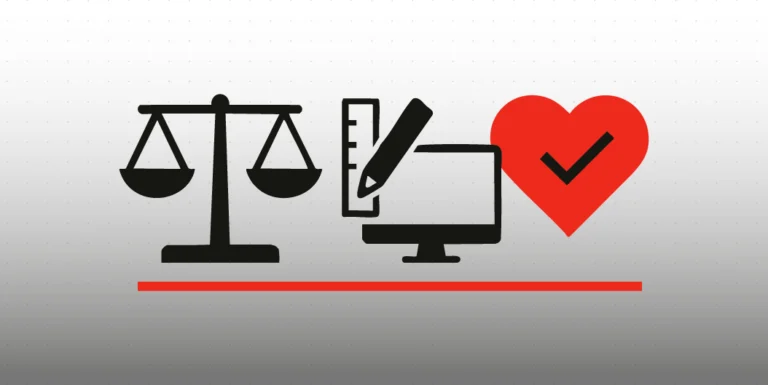 Illustrazione minimalista che rappresenta l’etica e la responsabilità nel graphic design: una bilancia, strumenti di progettazione e un cuore rosso con segno di spunta simboleggiano equilibrio, creatività e consapevolezza.