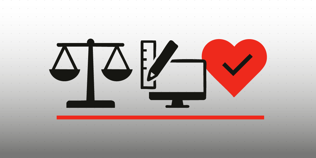 Illustrazione minimalista che rappresenta l’etica e la responsabilità nel graphic design: una bilancia, strumenti di progettazione e un cuore rosso con segno di spunta simboleggiano equilibrio, creatività e consapevolezza.