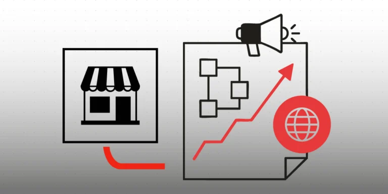 Illustrazione minimalista che rappresenta la pianificazione della trasformazione digitale di un business: una vetrina, un piano strategico con freccia rossa in crescita e un globo che simboleggia la presenza online.