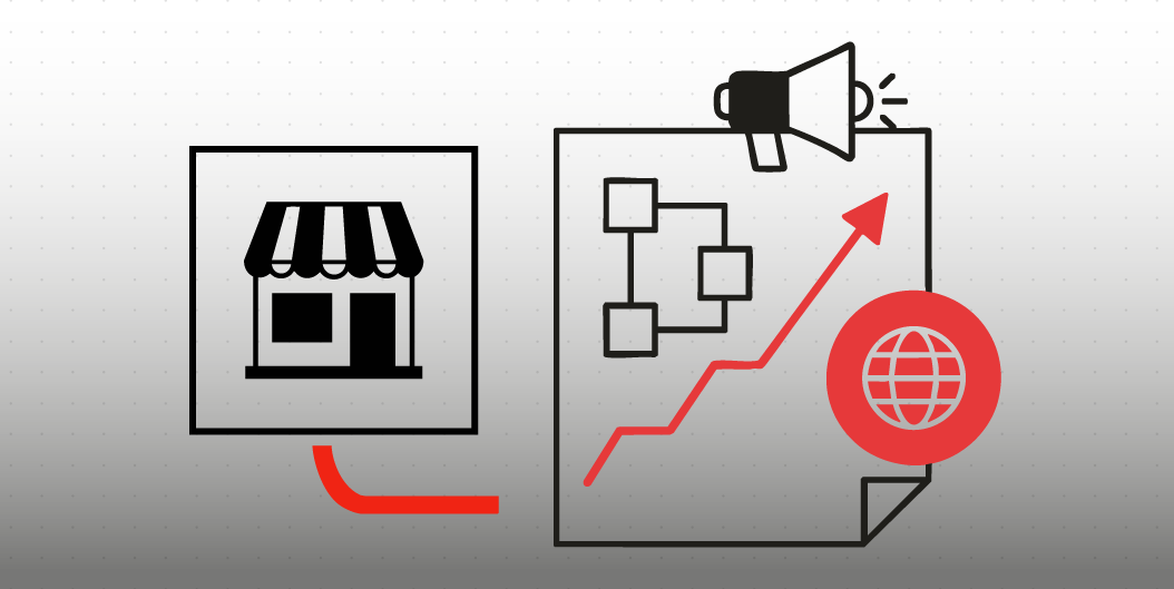 Illustrazione minimalista che rappresenta la pianificazione della trasformazione digitale di un business: una vetrina, un piano strategico con freccia rossa in crescita e un globo che simboleggia la presenza online.
