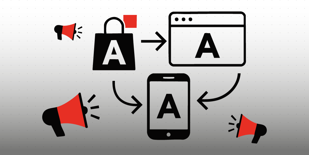 Illustrazione minimalista che mostra come mantenere la coerenza dell’identità visiva su diversi canali digitali: sito web, smartphone e comunicazione online, con accenti rossi e stile moderno.