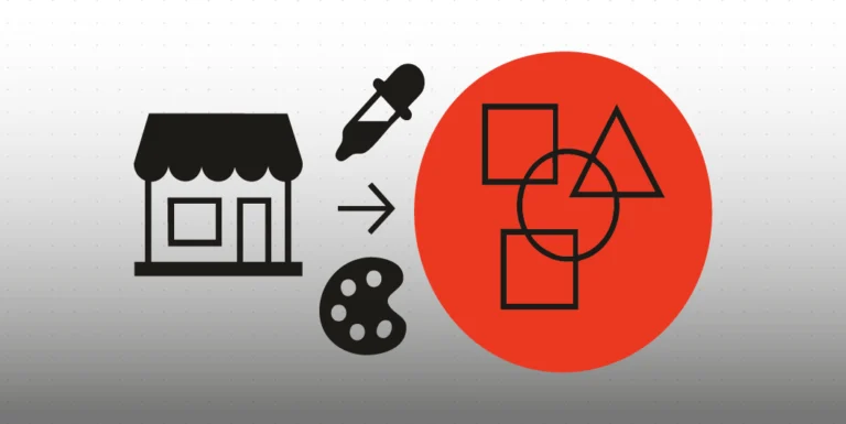 Illustrazione minimalista che rappresenta la costruzione di un’identità visiva coerente: una vetrina, una tavolozza colori e forme geometriche su un cerchio rosso che simboleggiano coerenza e design strategico.