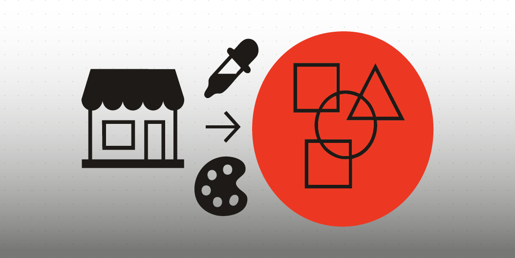 Illustrazione minimalista che rappresenta la costruzione di un’identità visiva coerente: una vetrina, una tavolozza colori e forme geometriche su un cerchio rosso che simboleggiano coerenza e design strategico.