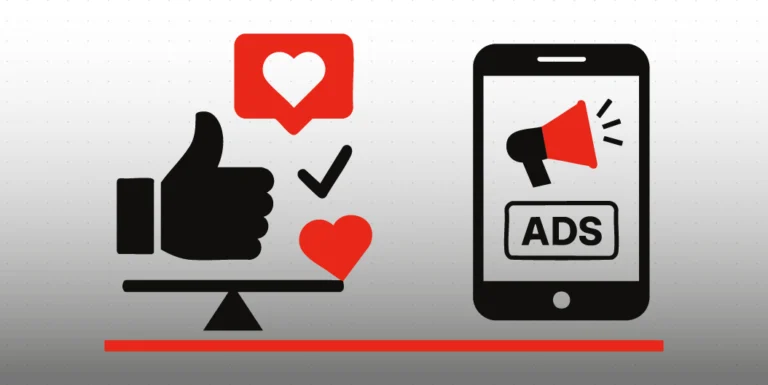Illustrazione minimalista che rappresenta la creazione di grafiche per social ads: uno smartphone con megafono e icone di like e cuore rosso simboleggiano coinvolgimento, visibilità e conversione.