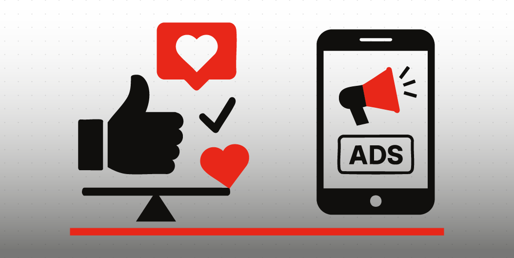 Illustrazione minimalista che rappresenta la creazione di grafiche per social ads: uno smartphone con megafono e icone di like e cuore rosso simboleggiano coinvolgimento, visibilità e conversione.