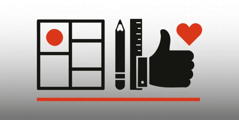 Illustrazione minimalista che rappresenta la progettazione di contenuti per i social: una griglia di post, strumenti di design e icone di like e cuore rosso simboleggiano creatività e risultati efficaci.