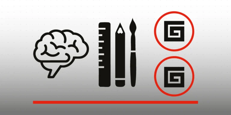 Illustrazione minimalista che rappresenta il legame tra coerenza visiva e processo creativo: un cervello, strumenti di design e simboli grafici ripetuti indicano riconoscibilità e identità visiva.