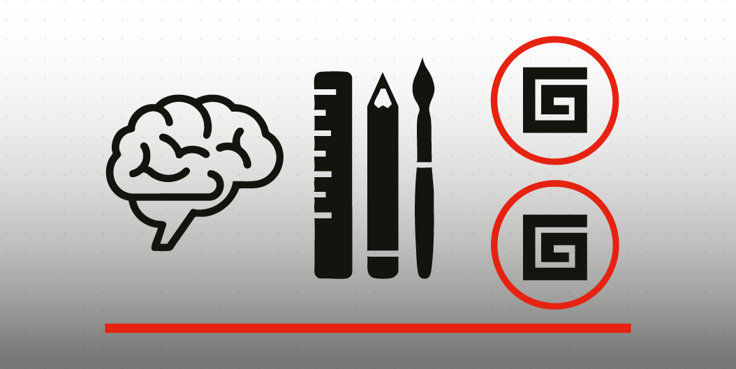 Illustrazione minimalista che rappresenta il legame tra coerenza visiva e processo creativo: un cervello, strumenti di design e simboli grafici ripetuti indicano riconoscibilità e identità visiva.