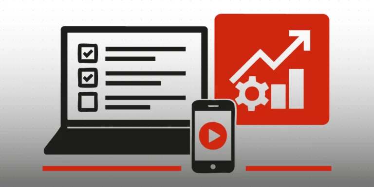 Illustrazione minimalista che rappresenta la gestione digitale di un’attività: un laptop con checklist, uno smartphone e un grafico rosso con ingranaggio e freccia di crescita.