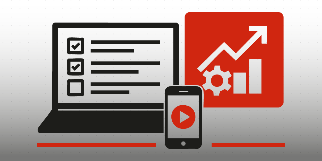 Illustrazione minimalista che rappresenta la gestione digitale di un’attività: un laptop con checklist, uno smartphone e un grafico rosso con ingranaggio e freccia di crescita.